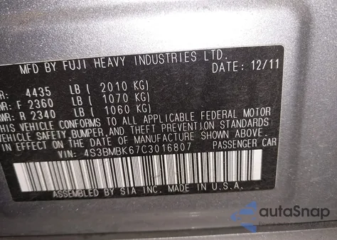 2012 Subaru Legacy 2.5I Limited z USA, uszkodzony, nr VIN 4S3BMBK67C3016807